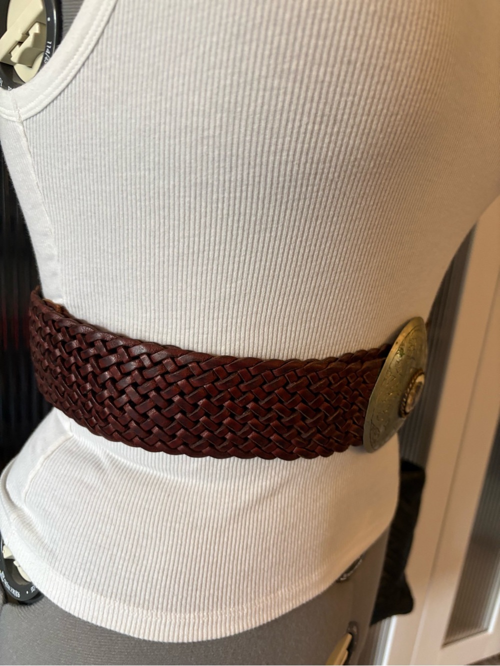 Woven Cognac Brown Leather Belt with Decorative Metal and Stone Buckle - Picture 3 of 9